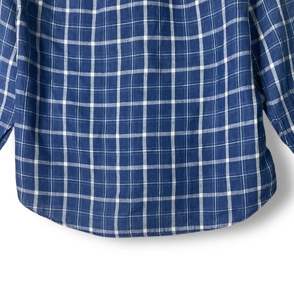 J Crew Mens Shirt Sz L Linen Button Up Plaid Blue Coastal Western Lightweight